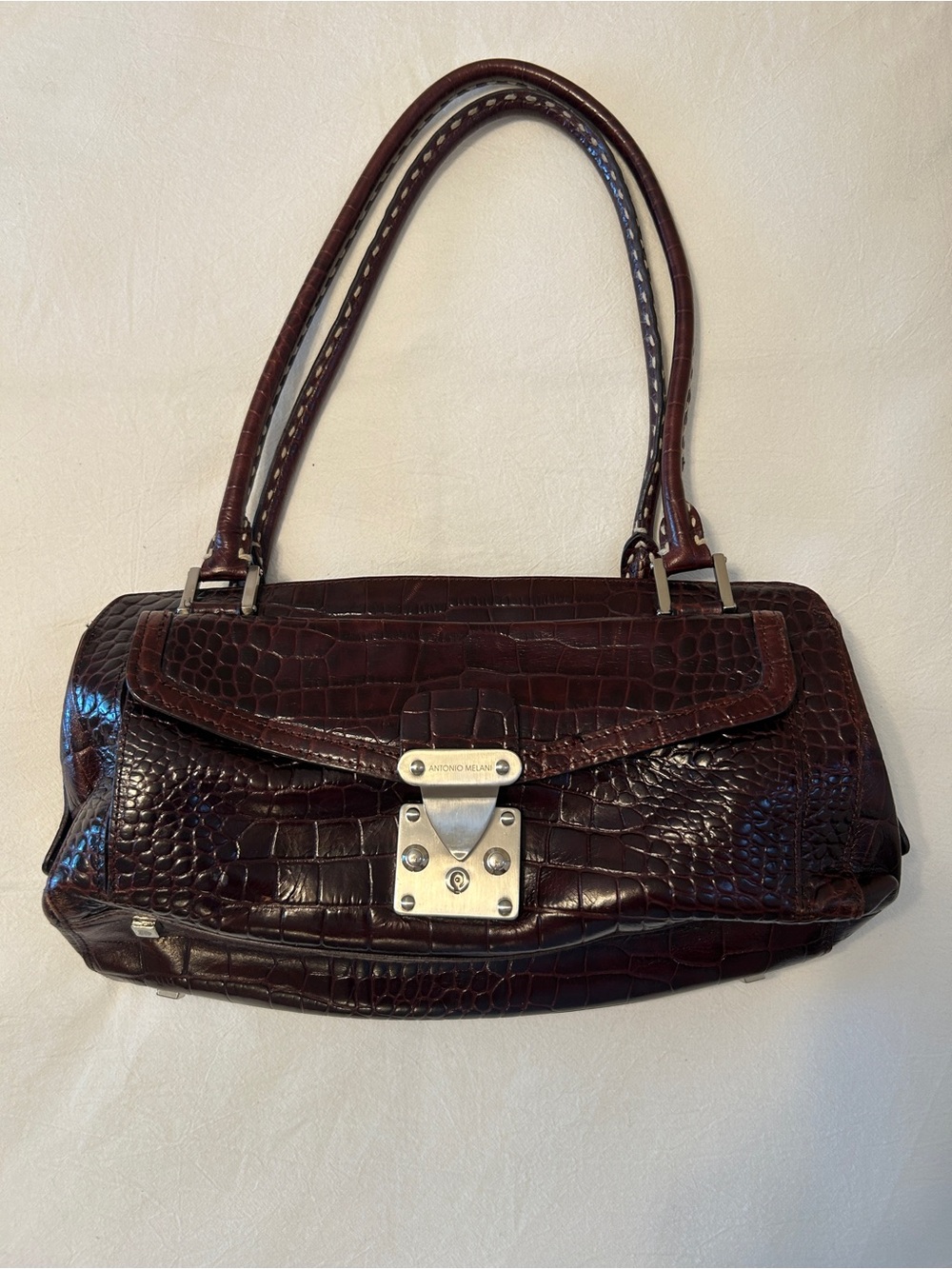 ANTONIO MELANI Croc-Embossed Dark Brown Shoulder Bag with Silver Hardware